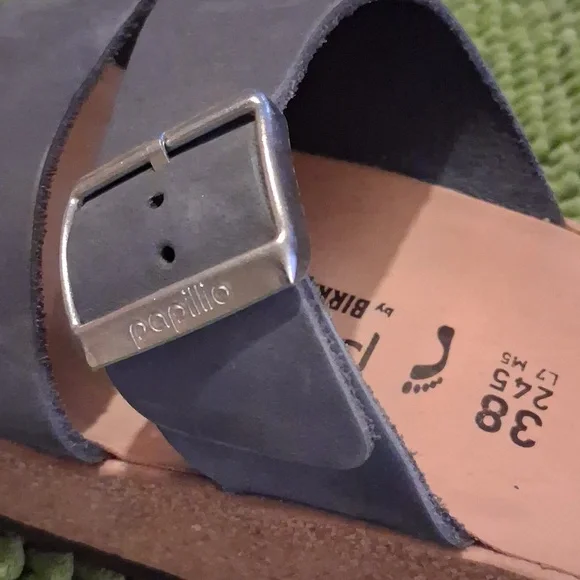 NWT Papillio Blue Slide Sandals with Silver Buckle, Suze 38, Narrow, Cork Wedges - Picture 6 of 8